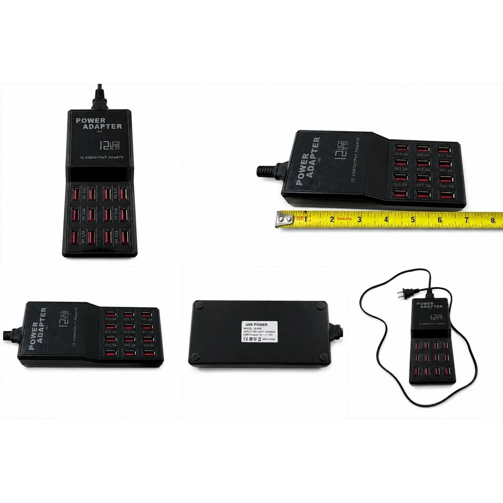 12 Port USB Charging Station Multi Port Power Adapter Hub W-858 Black